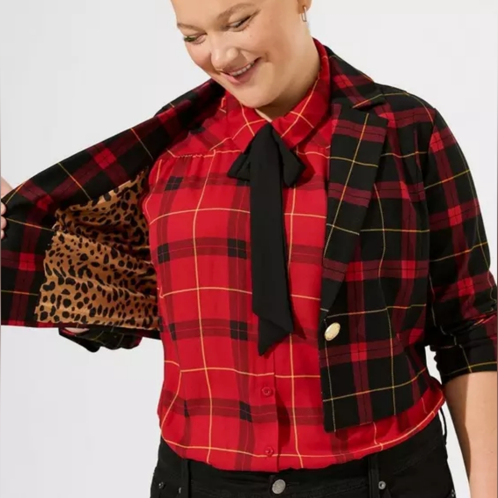 torrid Red & Black Plaid Cropped Blazer with Leopard Lining